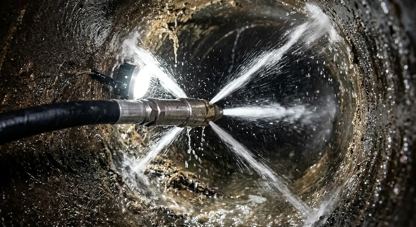 High-pressure hydro jetting nozzle cleaning sewer pipe for Trenchless Sewer Repair in Schoolcraft