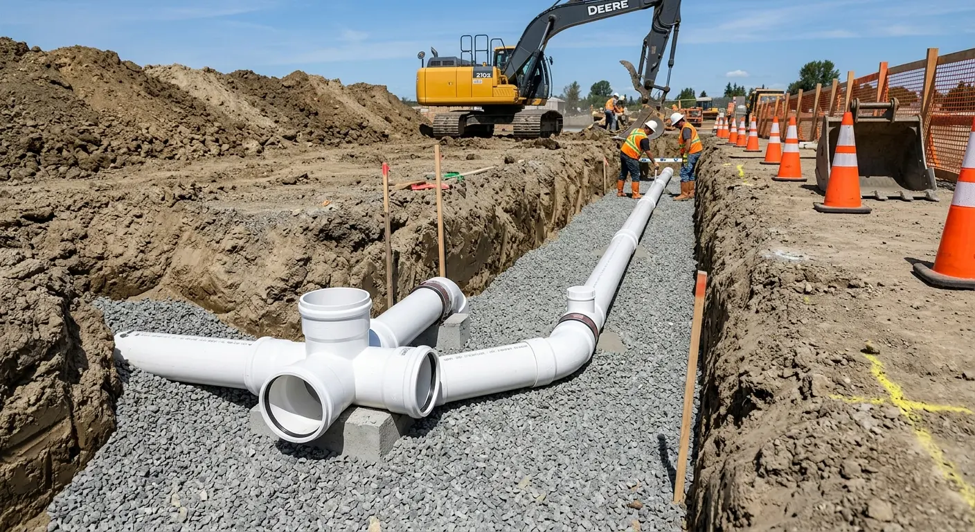 New PVC sewer pipe installation in open trench for Sewer Backup in Schoolcraft